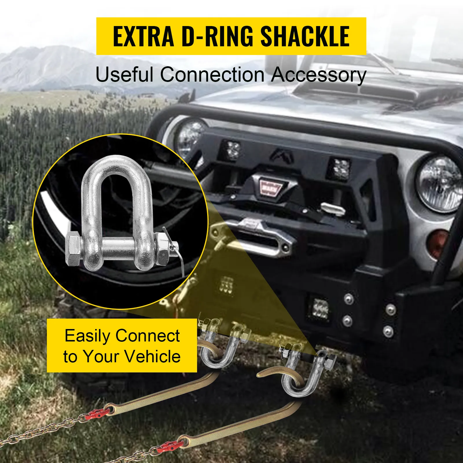 Łańcuch VEVOR J Hook z dodatkowym pierścieniem D-ring umożliwia łatwe mocowanie do przedniego zderzaka pojazdu.