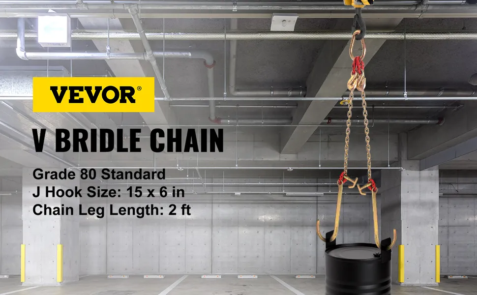 VEVOR v bridle chain lifting a black barrel in a concrete structure.