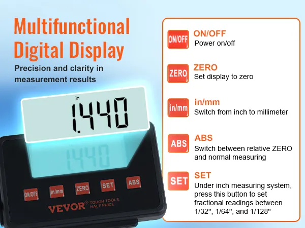 VEVOR-Digitalanzeige mit Multifunktionsdisplay, Präzisionsmesstasten und Zoll-/Millimeter-Schalter.