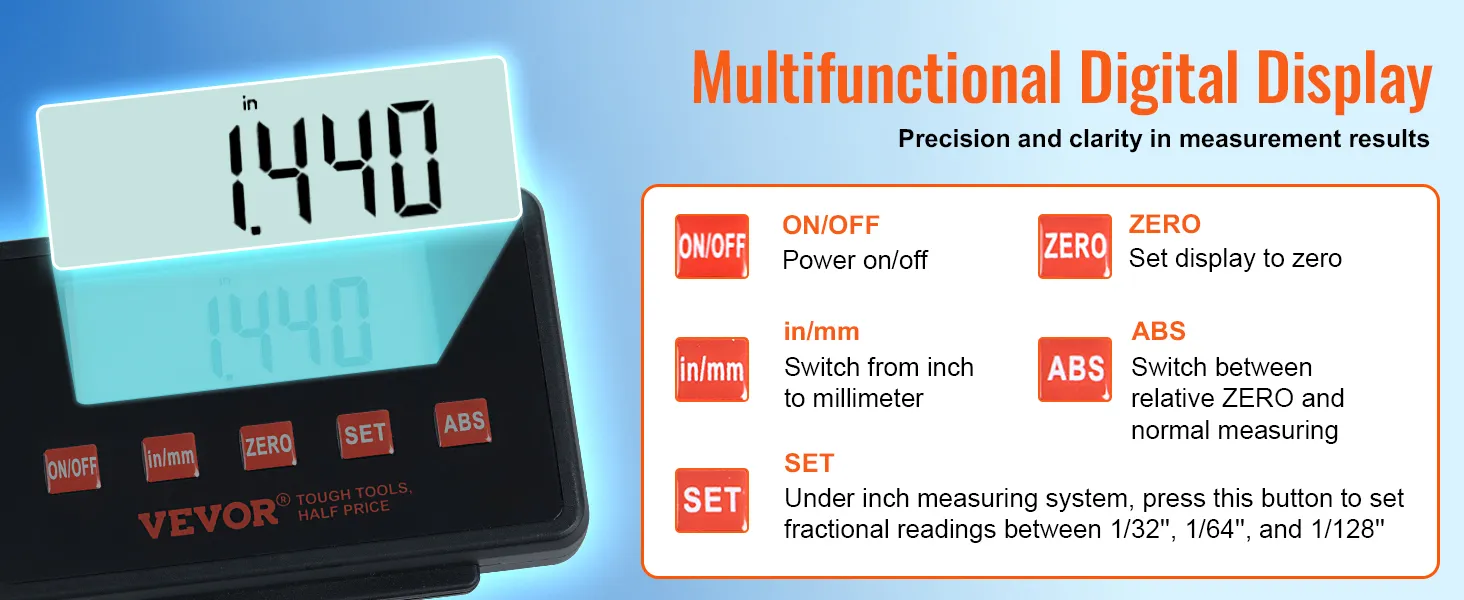 VEVOR-Digitalanzeige mit Multifunktionsdisplay, Präzisionsmesstasten und Zoll-/Millimeter-Schalter.