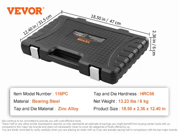 black VEVOR tap and die set case, model 116pc, with dimensions 18.50 x 2.36 x 12.40 in.