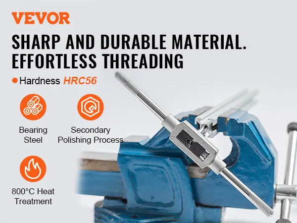 VEVOR tap and die set showcasing sharp, durable threading tools made of bearing steel and blue vise.