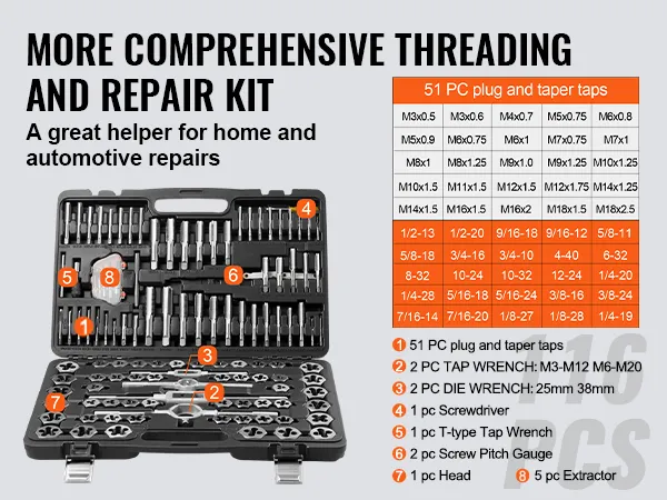 VEVOR tap and die set displaying 51 pc plug and taper taps, wrenches, screwdrivers, and extractors in a case.