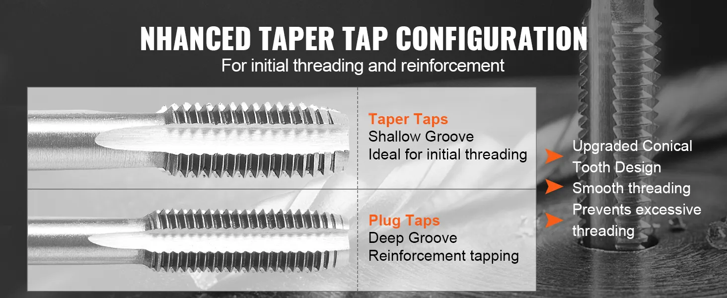 enhanced taper and plug taps for initial threading and reinforcement in VEVOR tap and die set.