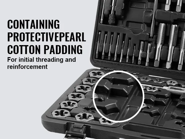 VEVOR tap and die set with protective cotton padding to prevent tools from bumping and wearing.