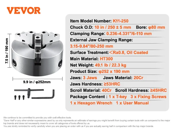 VEVOR 3-jaw lathe chuck k11-250 dimensions and specifications with included tools shown.