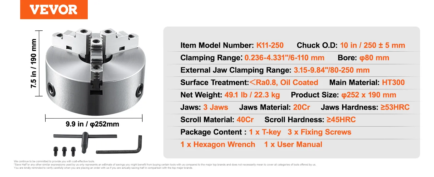 VEVOR 3-jaw lathe chuck k11-250 dimensions and specifications with included tools shown.