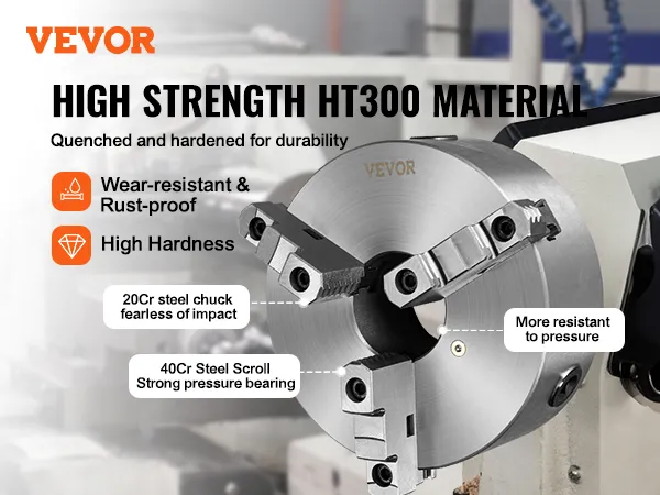 VEVOR 3-jaw lathe chuck made of high strength ht300 material, 20cr steel chuck, and 40cr steel scroll.