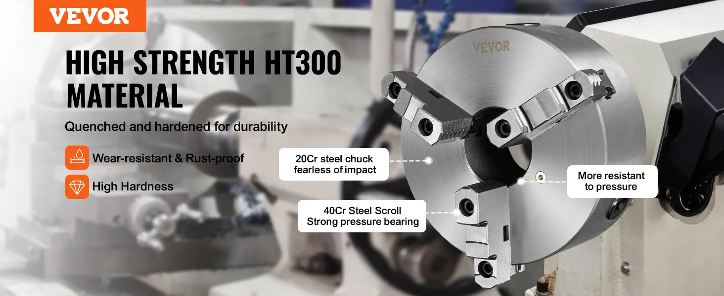 VEVOR 3-jaw lathe chuck made of high strength ht300 material, 20cr steel chuck, and 40cr steel scroll.