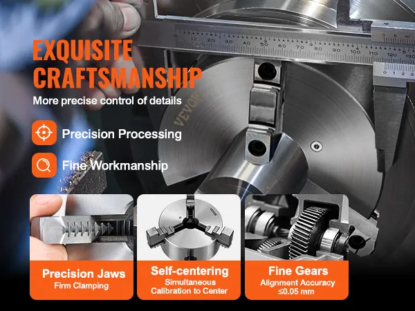 VEVOR 3-jaw lathe chuck showcasing precision jaws, self-centering feature, and fine gears for accuracy.