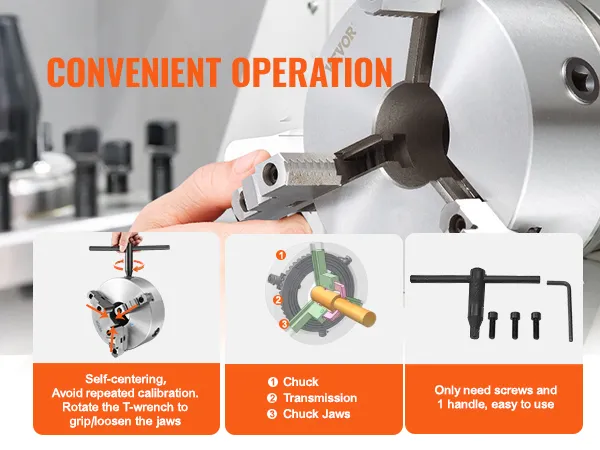 VEVOR 3-jaw lathe chuck, self-centering design, t-wrench operation, chuck jaws labeled, easy setup.