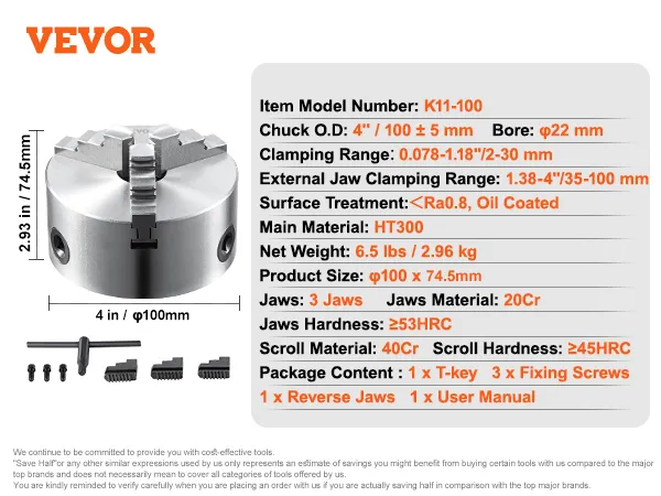 VEVOR 3-jaw lathe chuck k11-100, 4" diameter, 6.5 lbs, includes t-key, fixing screws, and reverse jaws.