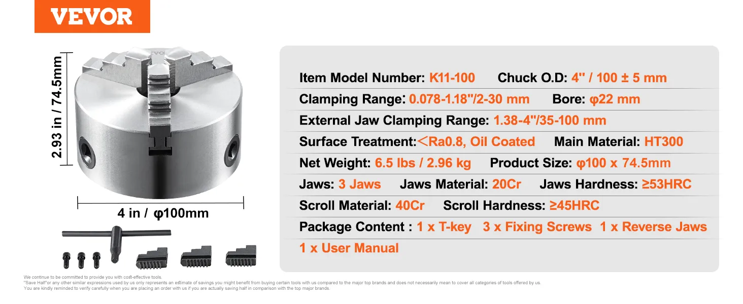 VEVOR 3-jaw lathe chuck k11-100, 4" diameter, 6.5 lbs, includes t-key, fixing screws, and reverse jaws.