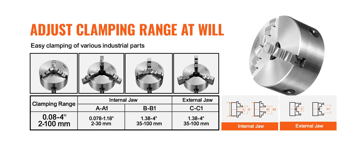 VEVOR 3-jaw lathe chuck adjustable clamping range with internal and external jaw specifications.