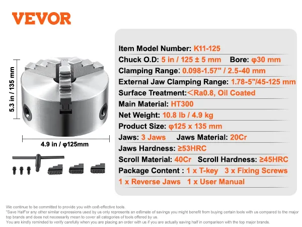 VEVOR 3-jaw lathe chuck technical specifications and package content details.