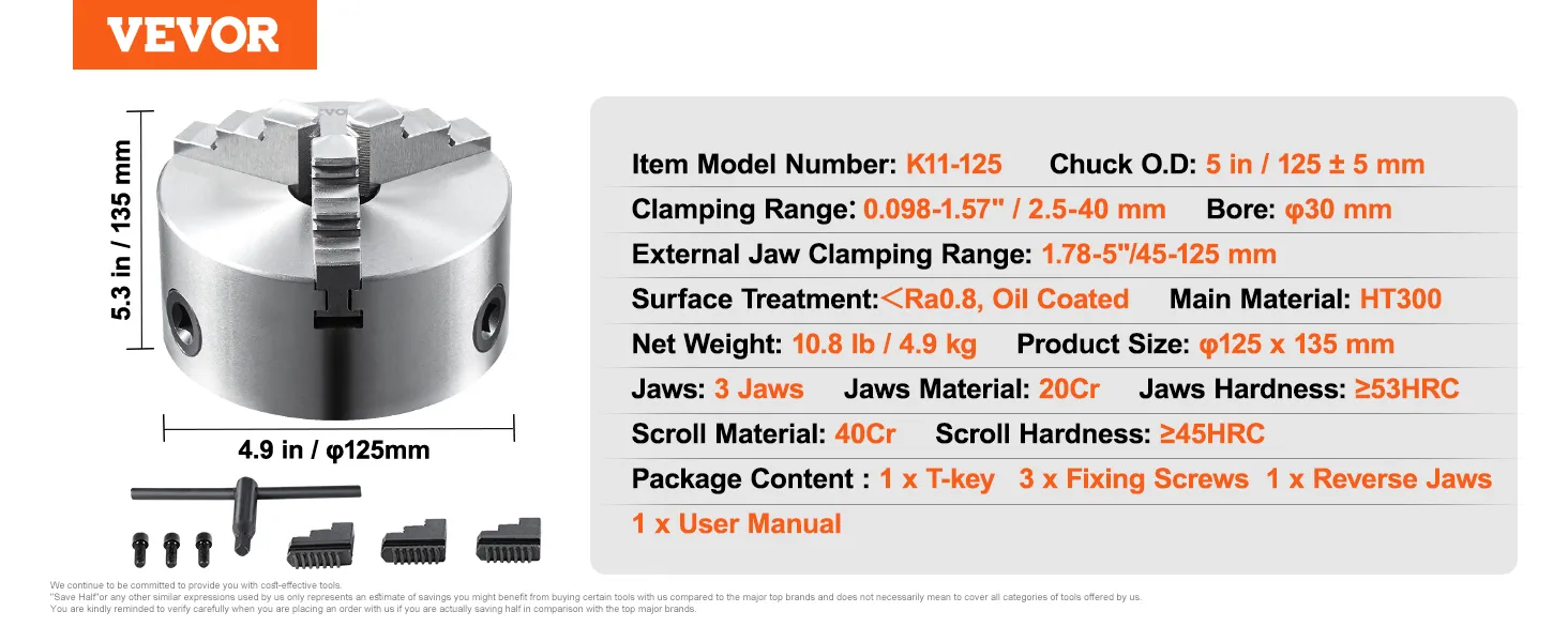 VEVOR 3-jaw lathe chuck technical specifications and package content details.
