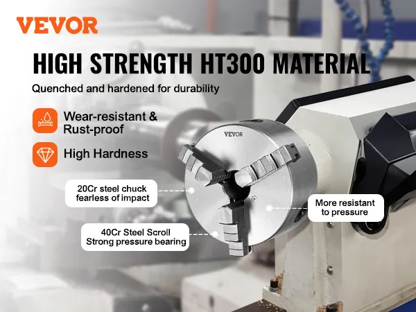 VEVOR 3-jaw lathe chuck with ht300 material, wear-resistant, rust-proof, high hardness.