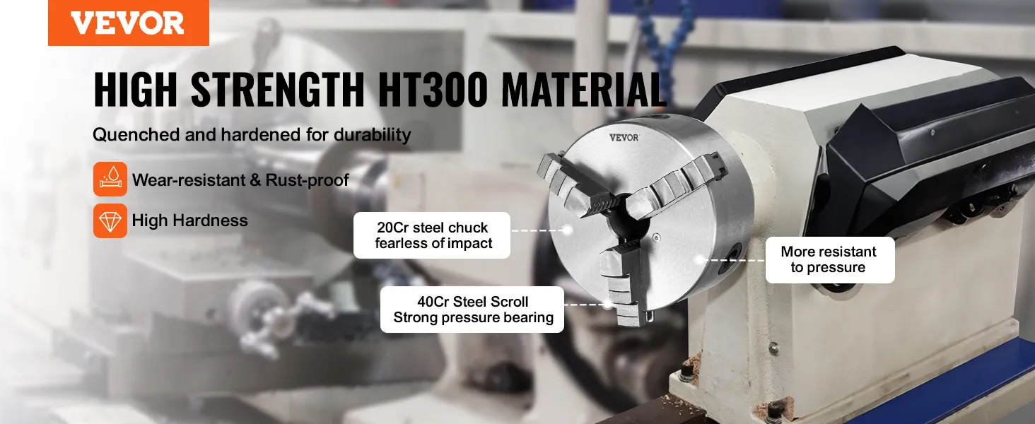 VEVOR 3-jaw lathe chuck with ht300 material, wear-resistant, rust-proof, high hardness.