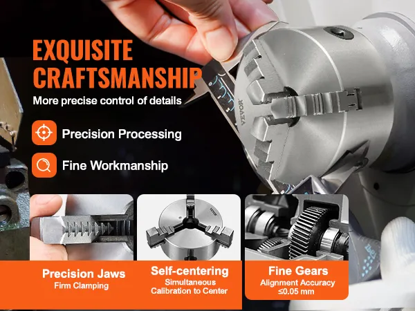 VEVOR 3-jaw lathe chuck, precision jaws, self-centering, fine gears, exquisite craftsmanship.