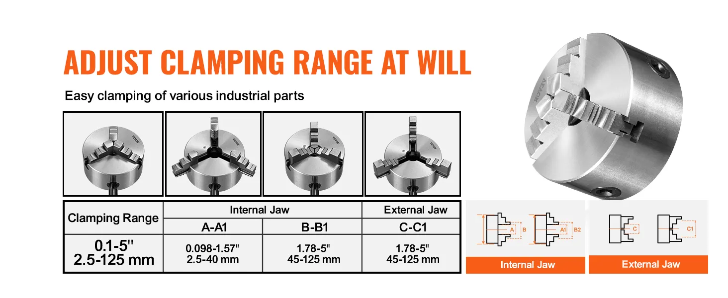 VEVOR 3-jaw lathe chuck with adjustable clamping range from 0.1-5 inches for easy clamping.