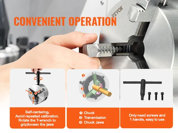 VEVOR 3-jaw lathe chuck demonstrating self-centering, t-wrench usage, and easy installation.