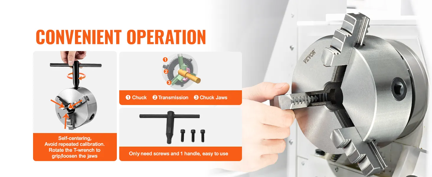 VEVOR 3-jaw lathe chuck demonstrating self-centering, t-wrench usage, and easy installation.