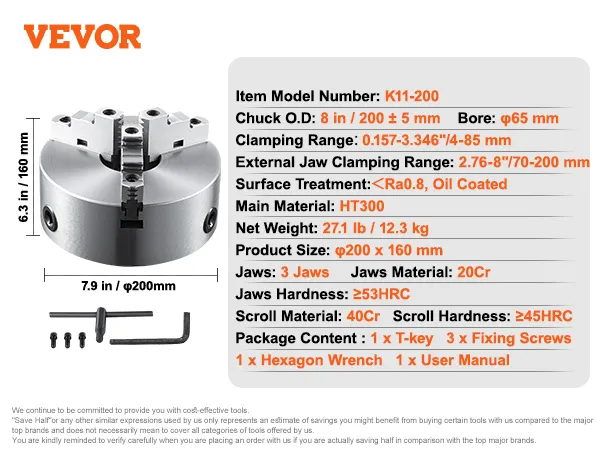 VEVOR 3-jaw lathe chuck with t-key, hexagon wrench, and fixing screws, model k11-200.