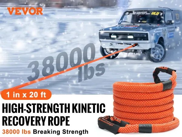 Cuerda de remolque de recuperación cinética VEVOR, 1 pulgada x 20 pies, 38000 libras de resistencia a la rotura, con bolsa de almacenamiento en nieve.