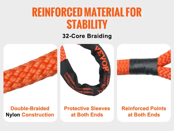 Cuerda de remolque de recuperación cinética VEVOR con construcción de nailon trenzado doble, fundas protectoras y puntos reforzados.
