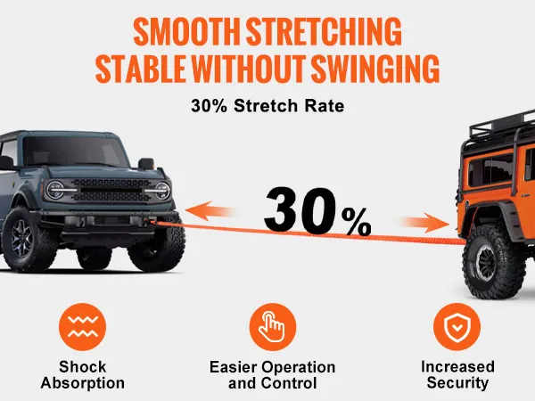 Cuerda de remolque de recuperación cinética VEVOR de estiramiento suave con una tasa de estiramiento del 30 % entre dos vehículos 4x4.