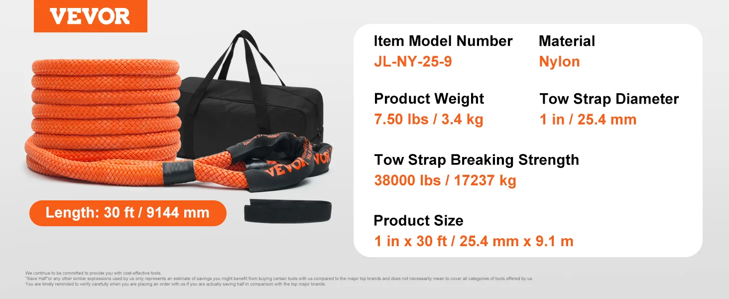 VEVOR kinetic recovery rope 30 ft, 38000 lbs capacity, 1 in diameter, comes with black bag and accessories.