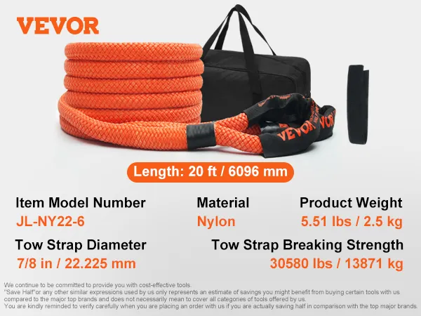 VEVOR kinetisch bergingssleeptouw, 20 ft nylon, 30580 lbs breeksterkte, 5,51 lbs gewicht.