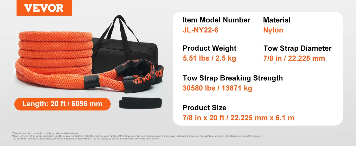 VEVOR kinetisch bergingssleeptouw, 20 ft nylon, 30580 lbs breeksterkte, 5,51 lbs gewicht.