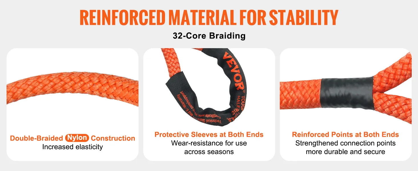 VEVOR kinetische bergingssleeplijn in oranje met dubbel gevlochten nylon, beschermhoezen en versterkte uiteinden.