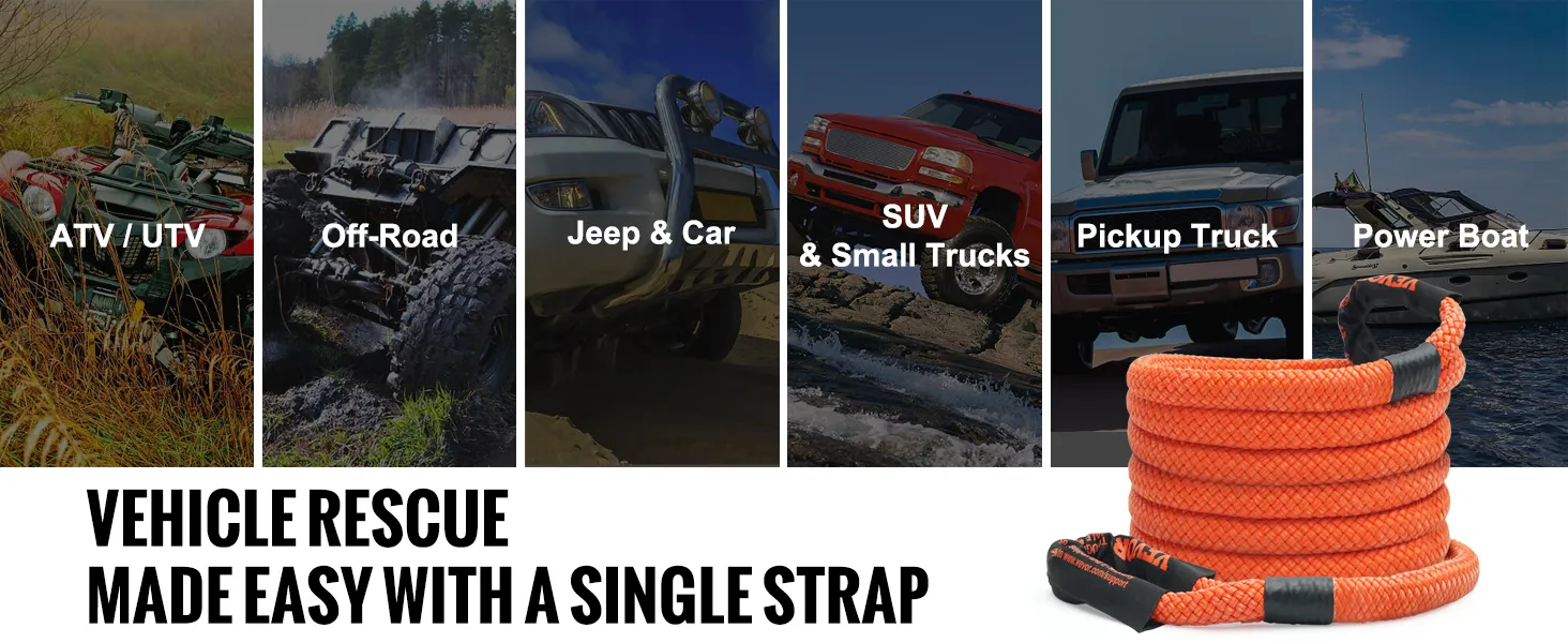VEVOR kinetische bergingssleepkabel voor reddingsacties met quads, terreinwagens, jeeps, SUV's, pick-uptrucks en motorboten.