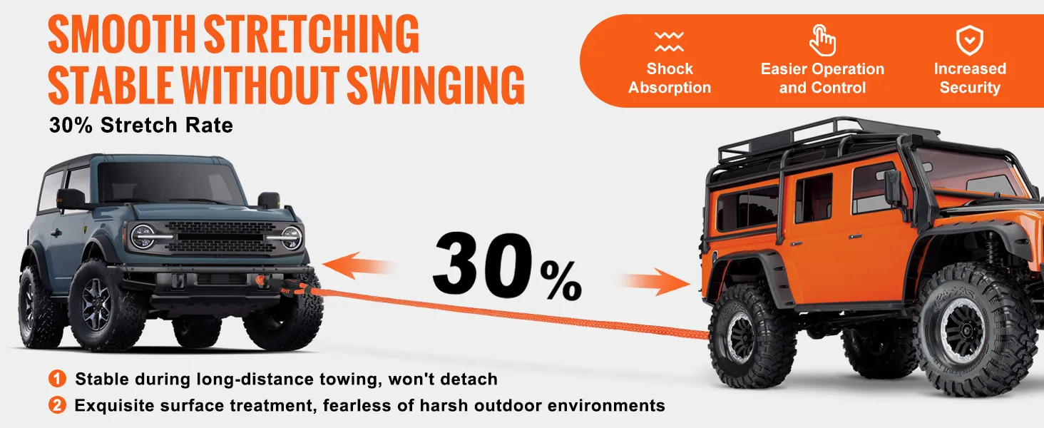 VEVOR kinetic recovery tow rope promoting smooth stretching and stability for safe off-road towing.