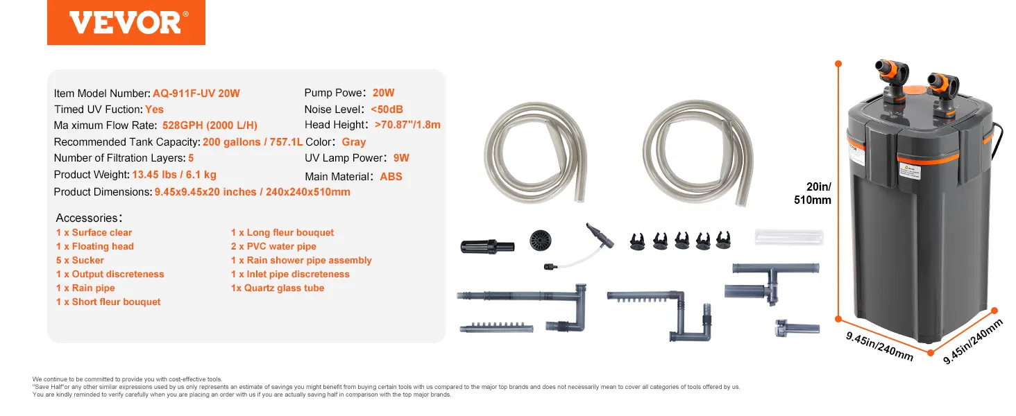 VEVOR Aquarienfilter 528 gph, 20 W mit 5 Filterschichten, 20 Zoll x 9,45 Zoll x 9,45 Zoll, inklusive Zubehör.