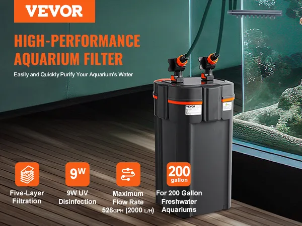 VEVOR-Aquarienfilter 528 gph mit Fünfschicht-Filtration, 9 W UV, für 200-Gallonen-Süßwassertanks.