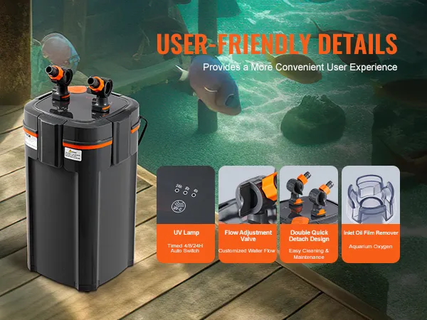 VEVOR-Aquarienfilter 528 gph mit UV-Lampe, Durchflussregelventil und Ölfilmentferner am Einlass.