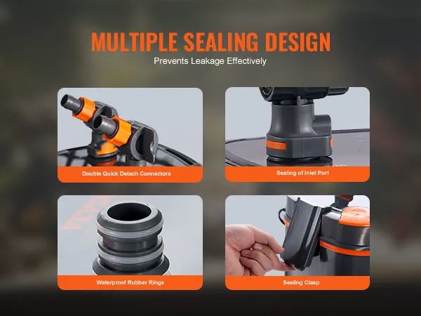 Mehrfachdichtungsdesign des VEVOR-Aquarienfilters 528 gph mit Schnellverschlussanschlüssen und Gummiringen.