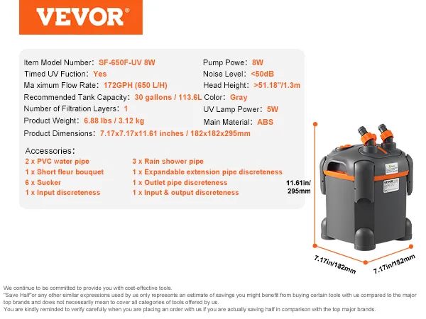 VEVOR Aquarienfilter SF-650F-UV, 8 W, 30 Gallonen, grau, 172 GPH, 7,17 x 7,17 x 11,61 Zoll mit Zubehör.