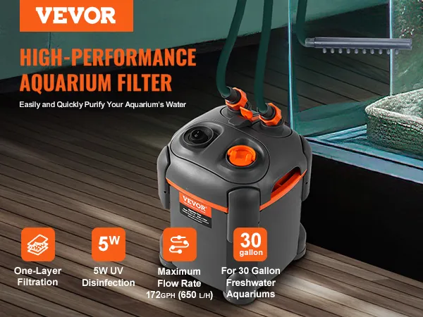 VEVOR-Aquarienfilter mit hoher Leistung, 5 W UV-Desinfektion, 30 Gallonen Fassungsvermögen und 172 gph Durchflussrate.