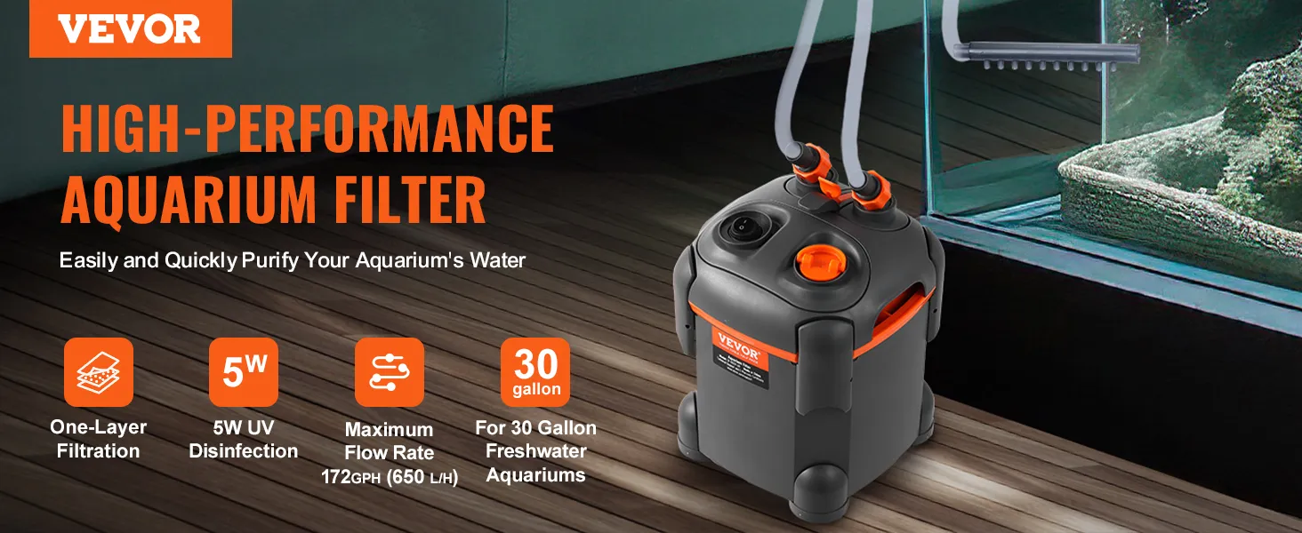VEVOR-Aquarienfilter mit hoher Leistung, 5 W UV-Desinfektion, 30 Gallonen Fassungsvermögen und 172 gph Durchflussrate.