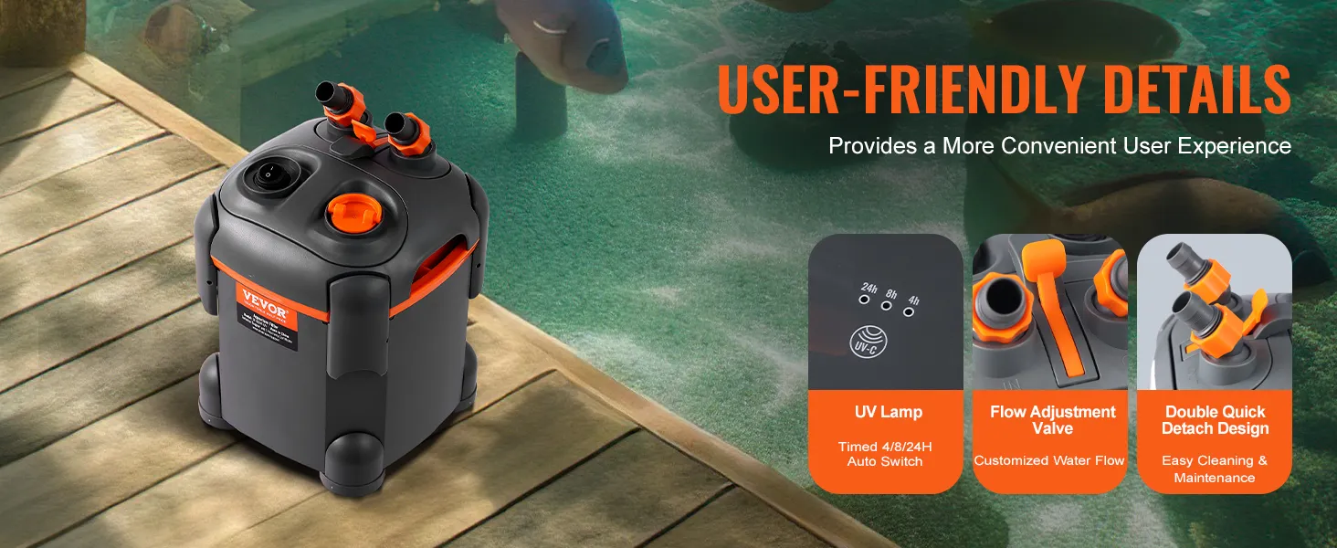 VEVOR-Aquarienfilter mit UV-Lampe, Durchflussregelventil und doppeltem Schnellverschlussdesign in der Nähe des Aquariums.