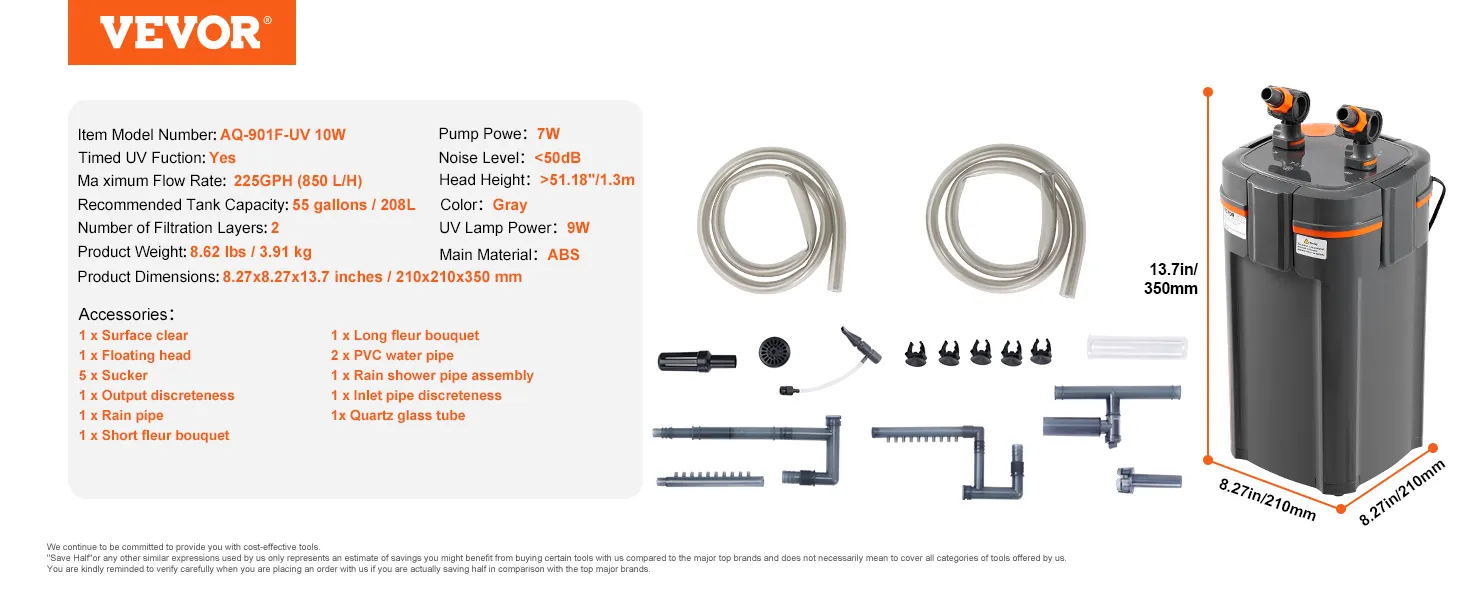 Filtr akwariowy VEVOR z akcesoriami, w tym rurkami, rurą deszczownicy i lampą ultrafioletową.