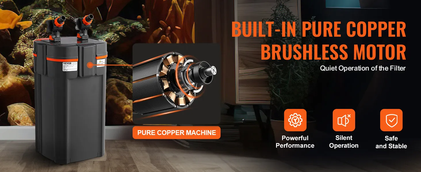 Filtr akwariowy VEVOR z wbudowanym bezszczotkowym silnikiem z czystej miedzi, który zapewnia cichą pracę i bezpieczną eksploatację.