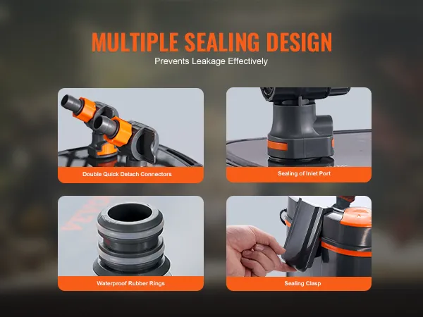 Wielofunkcyjna konstrukcja uszczelnień filtra akwariowego VEVOR obejmuje szybkozłączki, gumowe pierścienie, otwory uszczelniające i zapięcie.