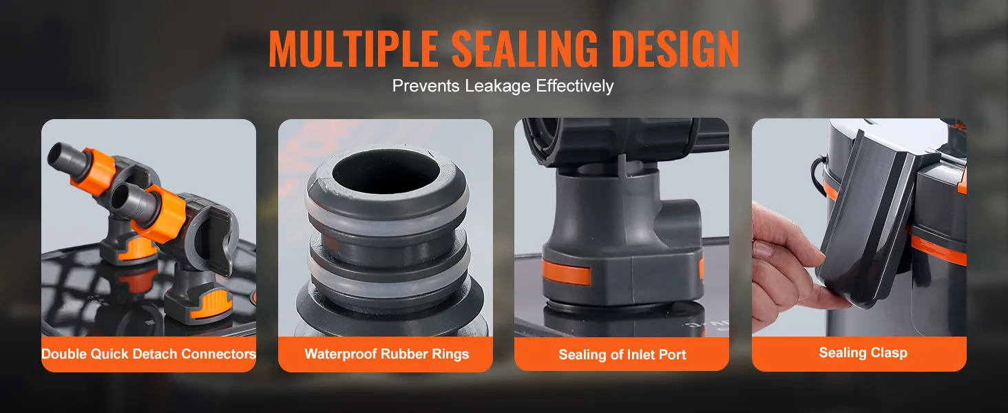 Wielofunkcyjna konstrukcja uszczelnień filtra akwariowego VEVOR obejmuje szybkozłączki, gumowe pierścienie, otwory uszczelniające i zapięcie.