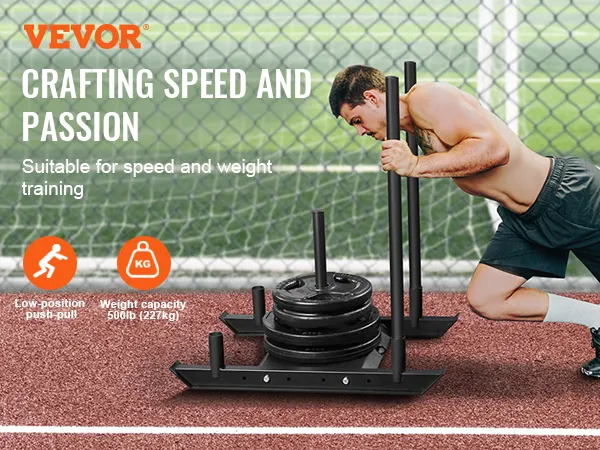 Mann schiebt VEVOR-Krafttrainingsschlitten über die Bahn, geeignet für Geschwindigkeits- und Krafttraining, max. 500 lb.