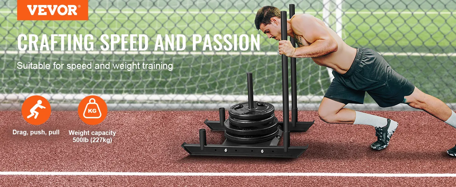 Mann schiebt VEVOR-Krafttrainingsschlitten über die Bahn, geeignet für Geschwindigkeits- und Krafttraining, max. 500 lb.